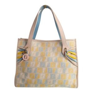 FENDI Zucchino Canvas Small  Shopping Handbag Tote Beige Blue Yellow Dustbg Rare